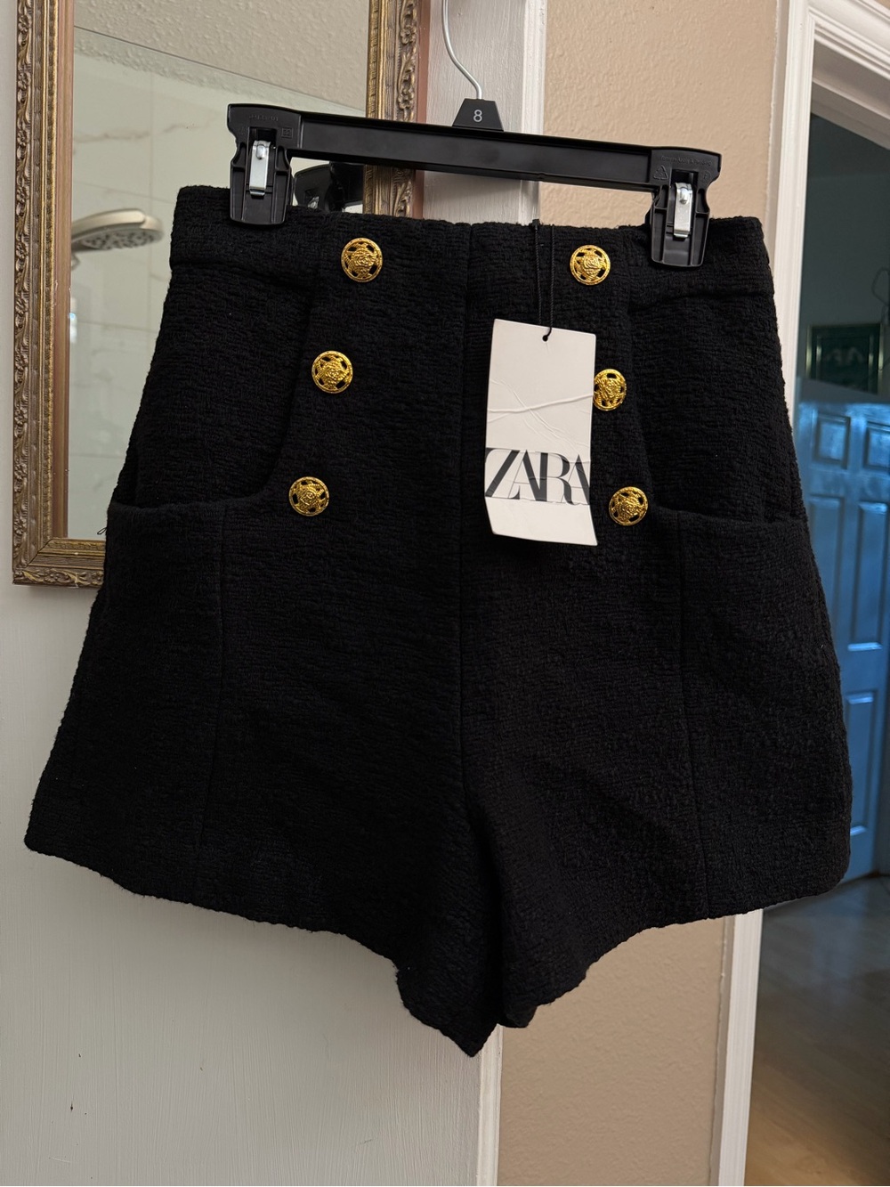 ZARA Black High-Waist tweed Textured Shorts with Gold Buttons